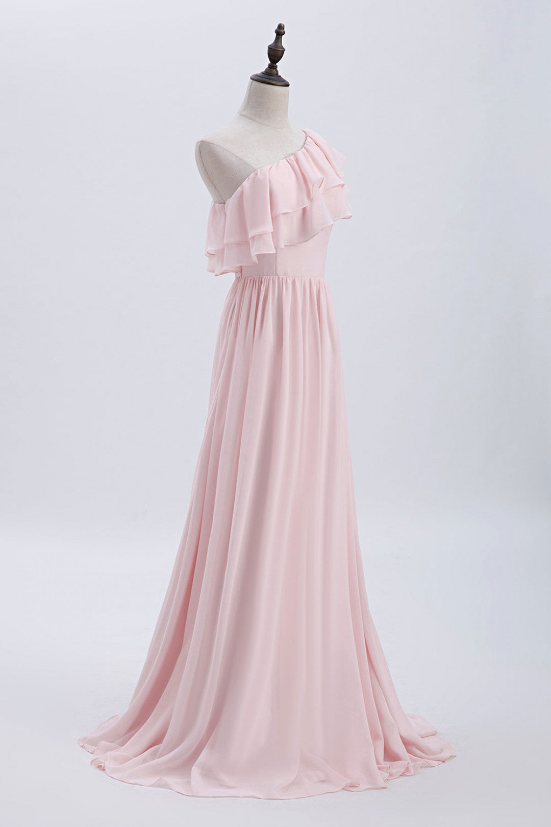 Ruffles Pink One Shoulder Chiffon A-line Long Bridesmaid Dress