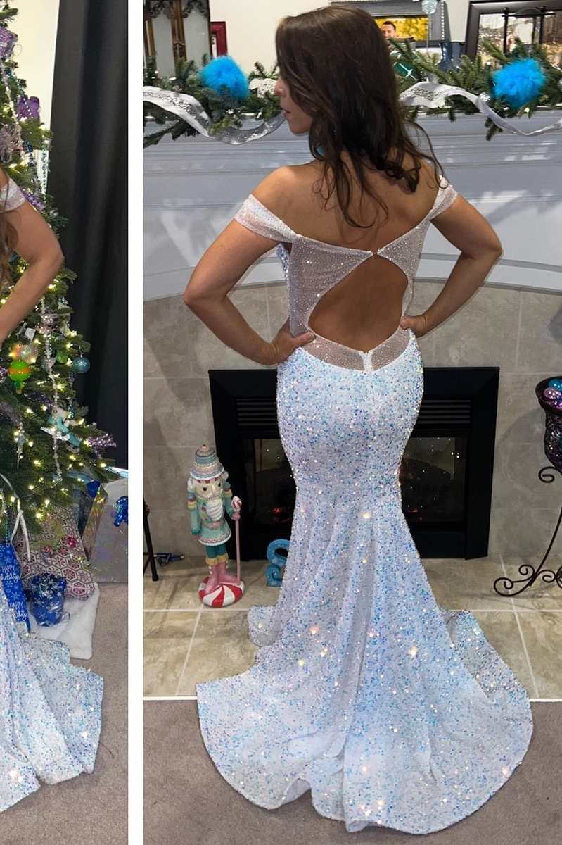 White Iridescent Sequin Off-the-Shoulder Cutout Back Trumpet Long Prom Dress