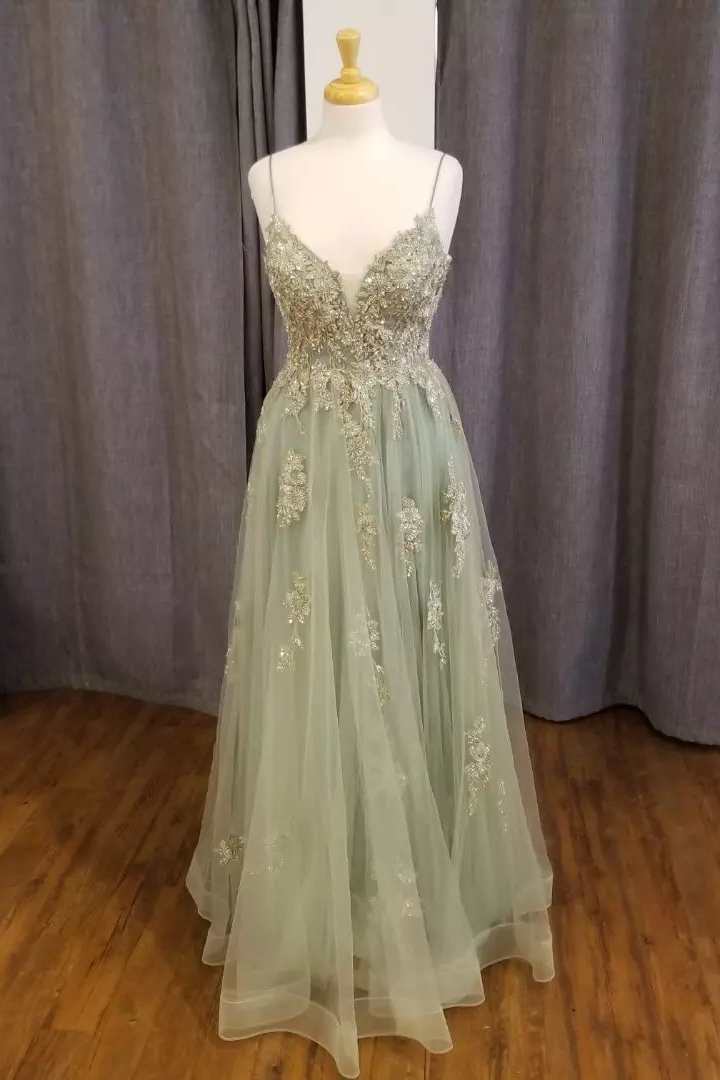 Sage Green Floral Appliques Straps A-Line Prom Dress – Dreamdressy