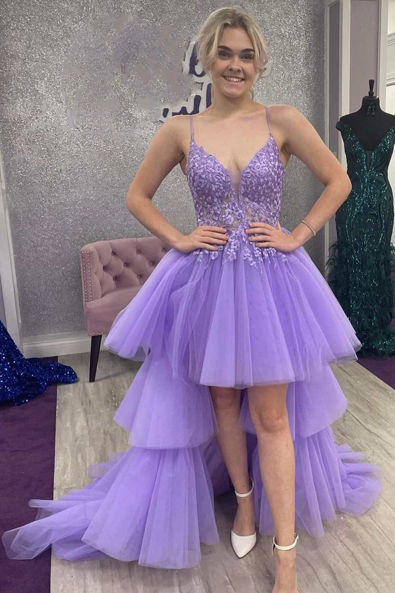 High-Low Lavender Lace V-Neck Tiered Prom Dress