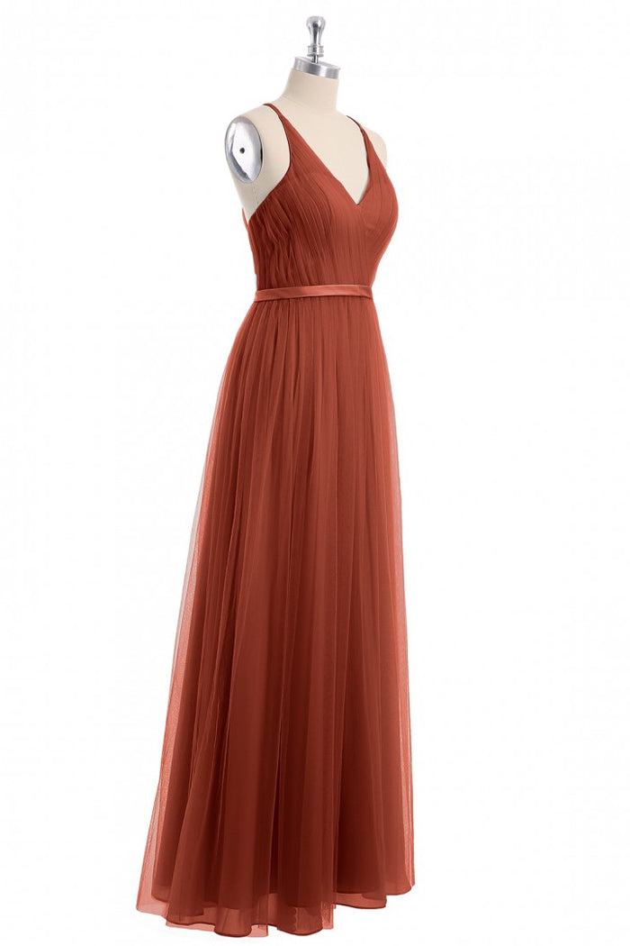 Rust Orange V-Neck Backless A-Line Long Bridesmaid Dress