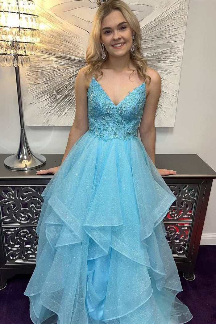 Blue V-Neck Multi-Tiered A-Line Prom Gown