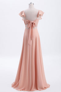 Peach Ruffles A-lline Chiffon Long Bridesmaid Dress with Tie Back