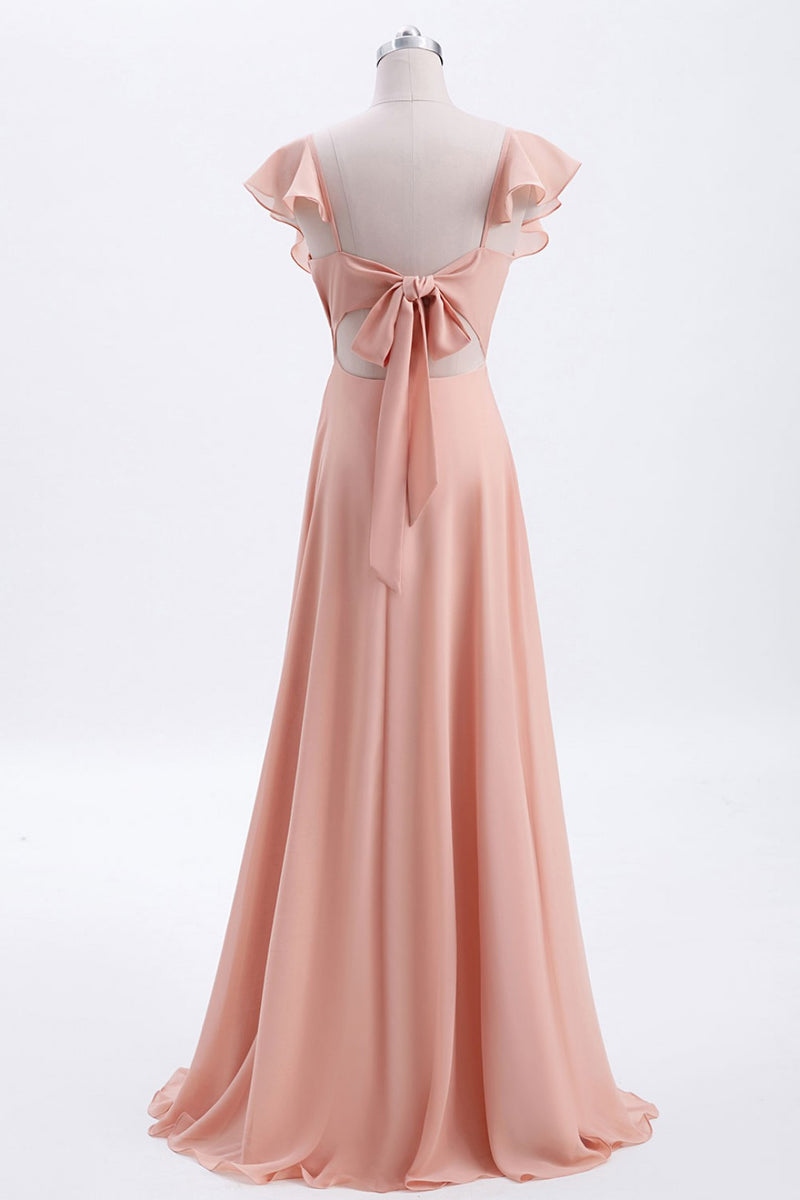 Peach Ruffles A-lline Chiffon Long Bridesmaid Dress with Tie Back