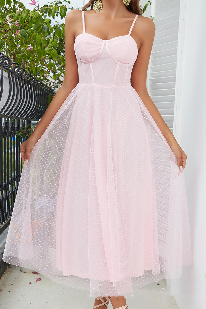 Pink Tulle Spaghetti Straps Long Party Dress