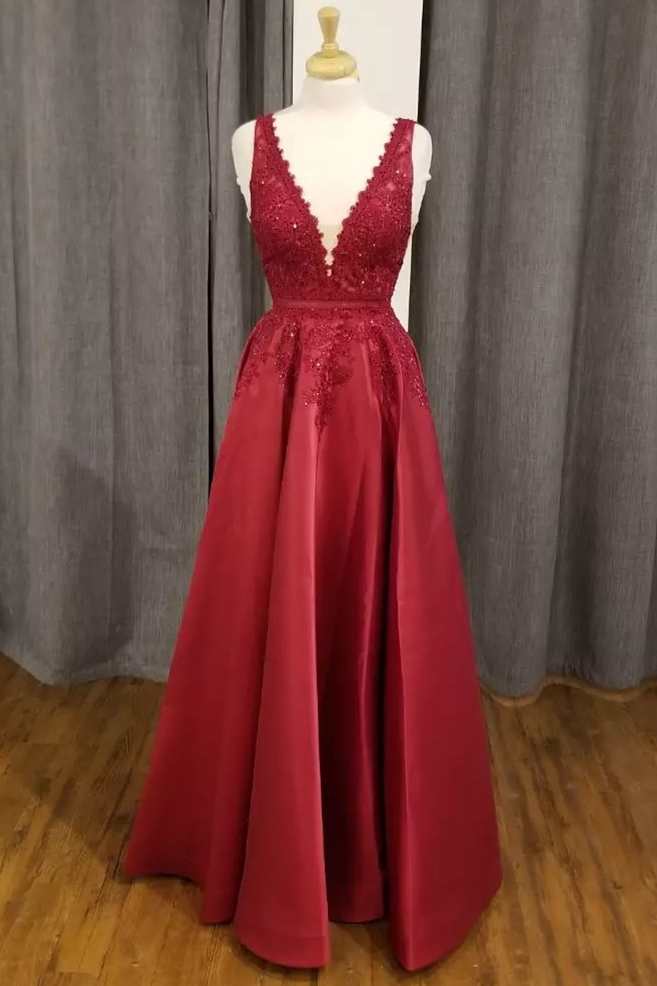 Red Lace Satin Plunge V A-Line Prom Dress