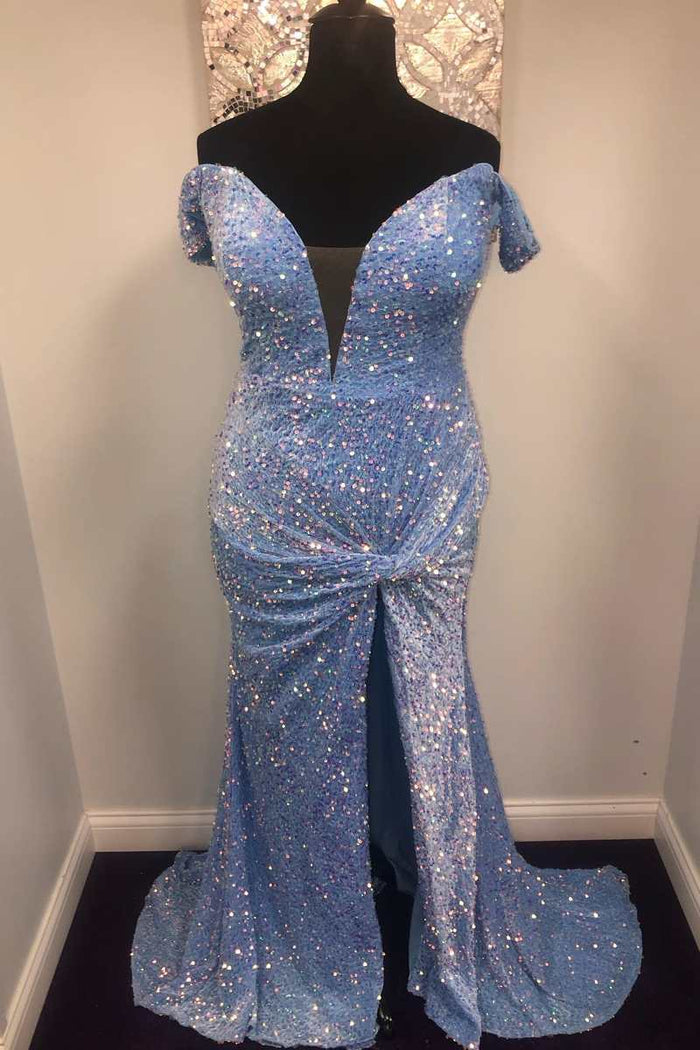 Blue Sequin Off-the-Shoulder Twist-Front Mermaid Long Prom Dress