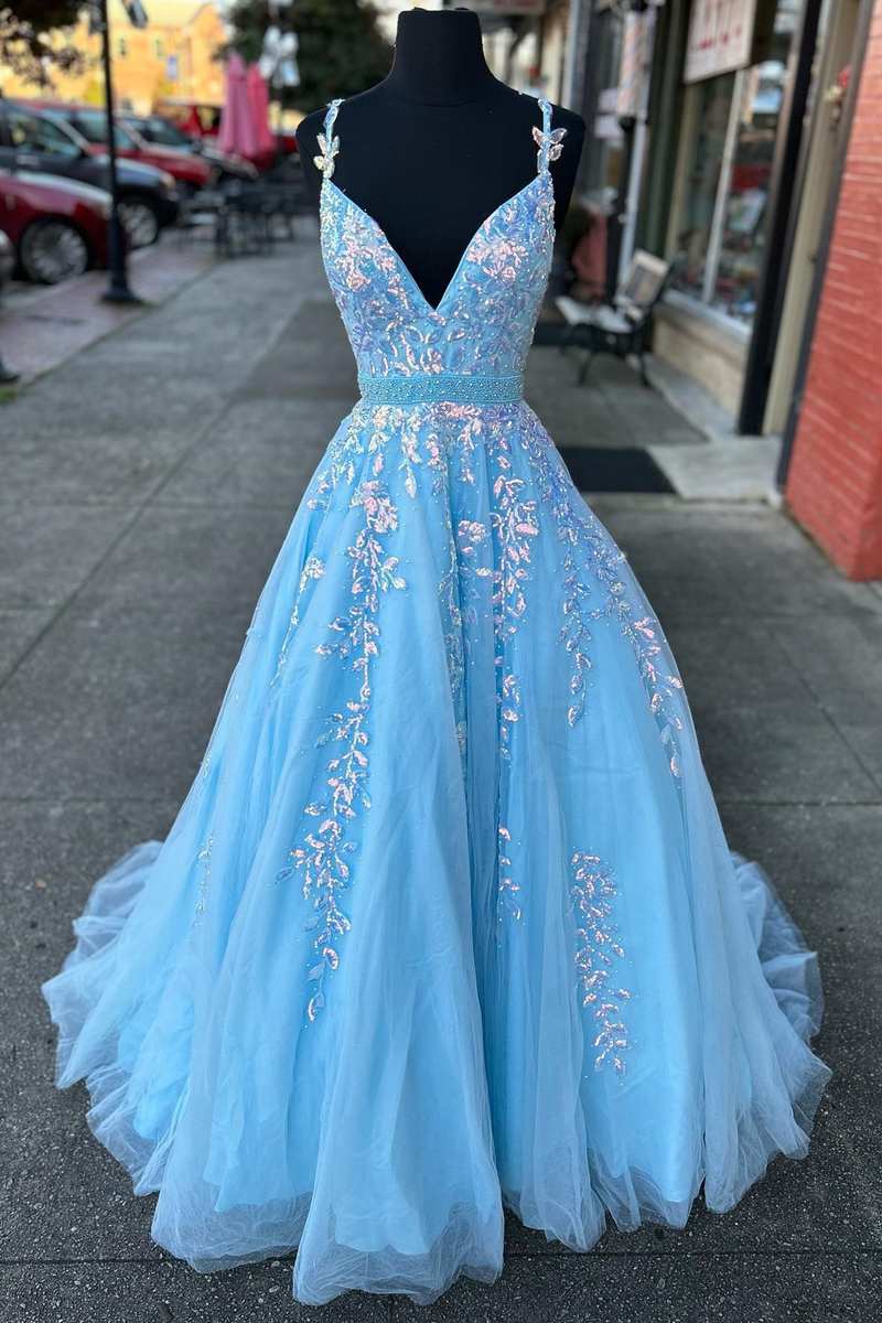 Appliques V Neck Light Blue Prom Dress Appliques V Neck Light Blue Prom Dress