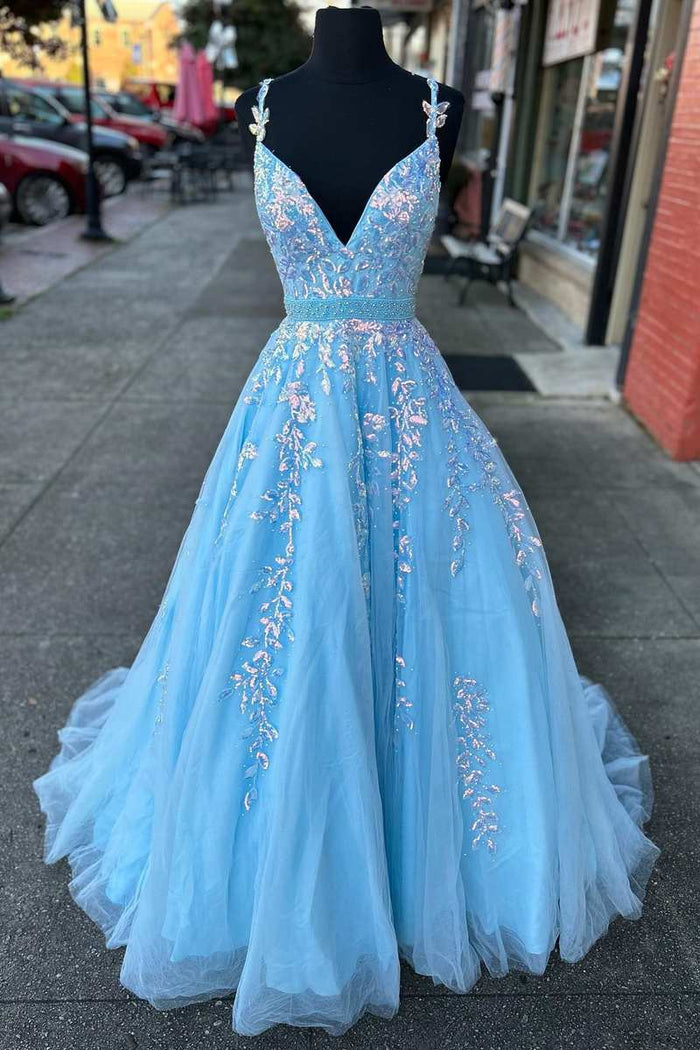 Light Blue Appliques V-Neck Belted A-Line Prom Gown