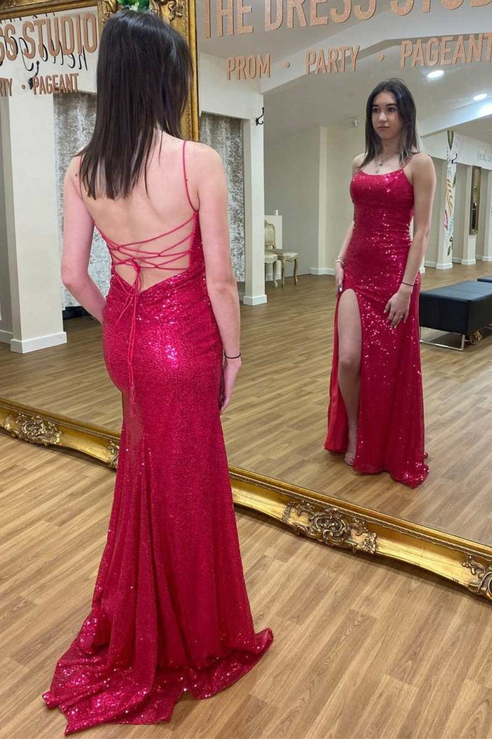 Fuchsia Sequin Scoop Neck Lace-Up Mermaid Long Prom Dress with Slit