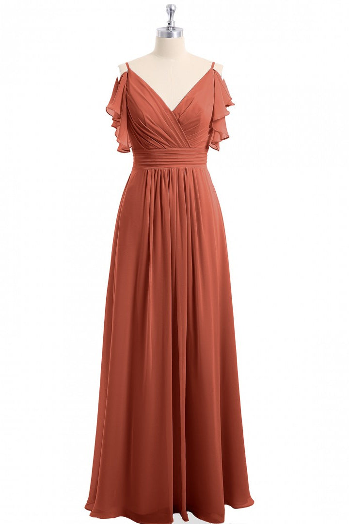 Rust Orange Cold-Shoulder A-Line Long Bridesmaid Dress