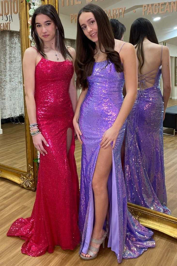 Fuchsia Sequin Scoop Neck Lace-Up Mermaid Long Prom Dress with Slit