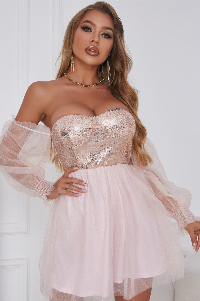 Pink Sweetheart Sheer Sleeves A-Line Cocktail Dress