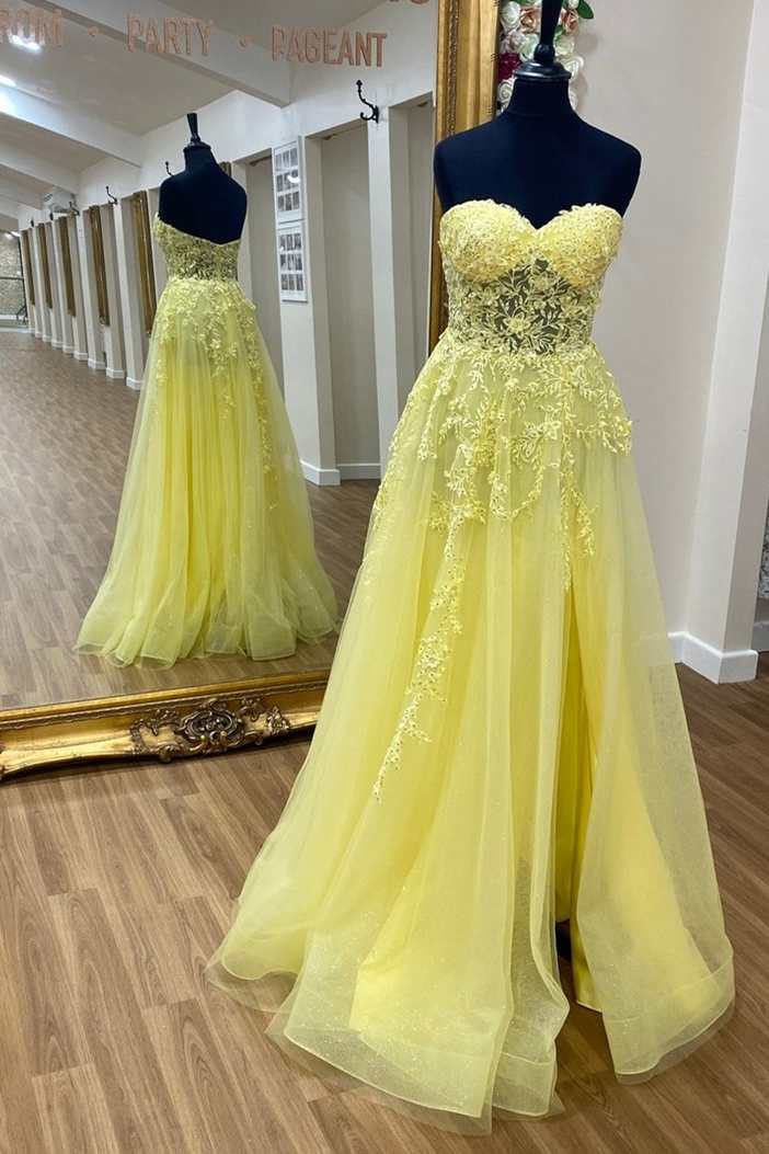 Yellow Floral Lace Strapless A-Line Prom Dress