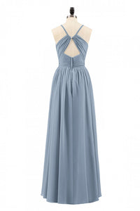 Dusty Blue Chiffon Cutout Back A-Line Long Bridesmaid Dress