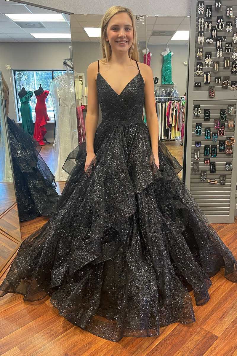 Sparkle Black V-Neck Multi-Tiered A-Line Prom Gown