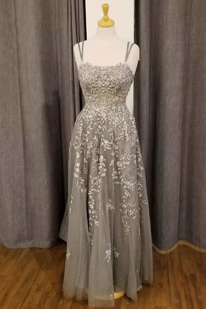 Gray Floral Lace Straps A-Line Prom Gown