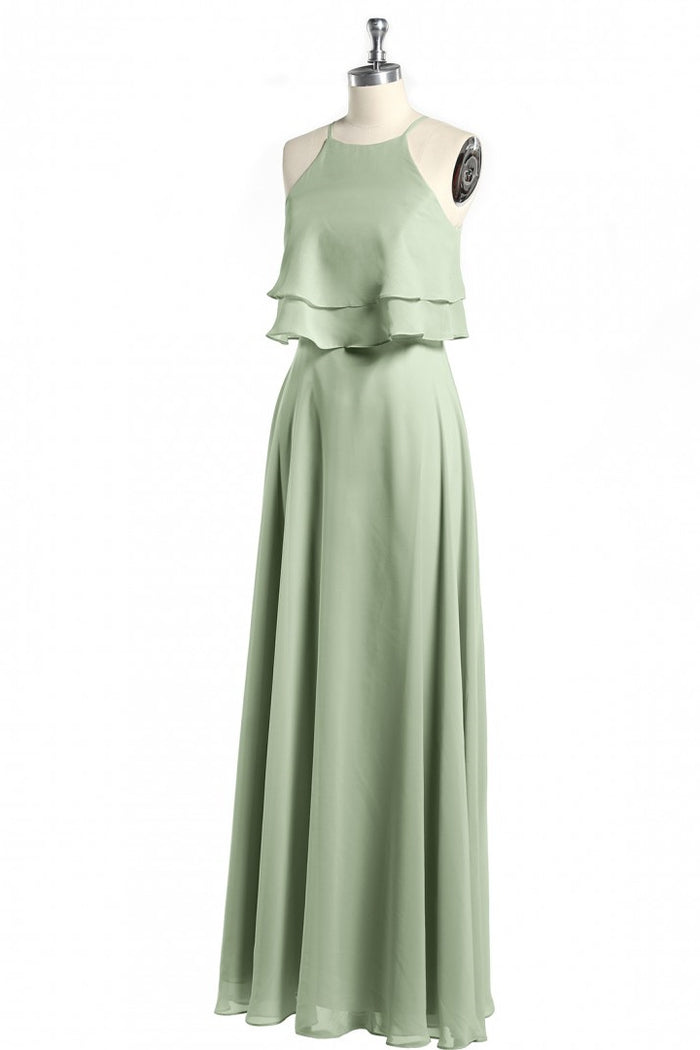 Sage Green Chiffon Halter Ruffle A-Line Long Bridesmaid Dress