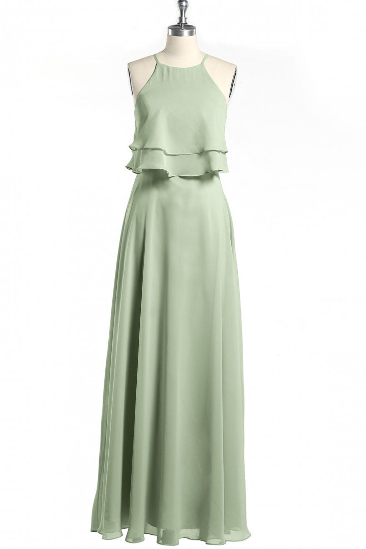 Sage Green Chiffon Halter Ruffle A-Line Long Bridesmaid Dress