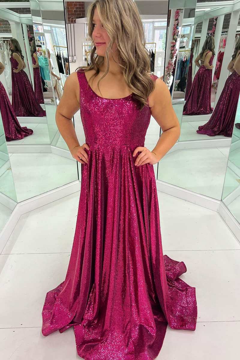 Fuchsia Sequin Round Neck Lace-Up Back A-Line Prom Dress