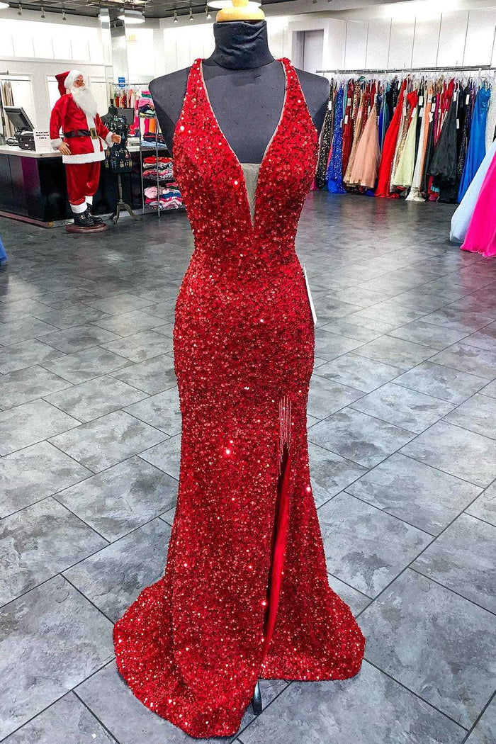 Red Sequin Plunge V Backless Mermaid Long Prom Dress with Slit