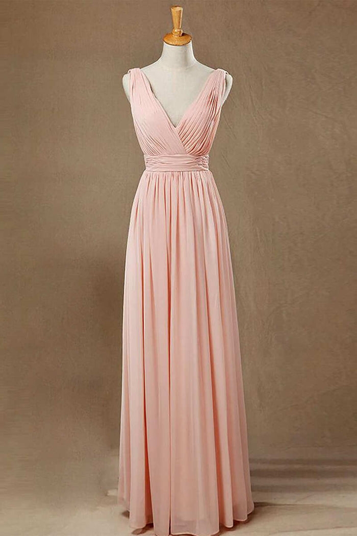 Elegant Plush Pink V-Neck Open Back A-Line Long Bridesmaid Dress
