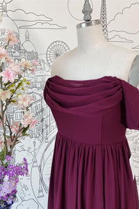 Raspberry Off-the-Shoulder Cowl Neck Chiffon Long Bridesmaid Dress