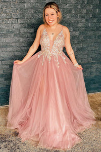 Pink Tulle Floral Appliques V-Neck A-Line Prom Dress