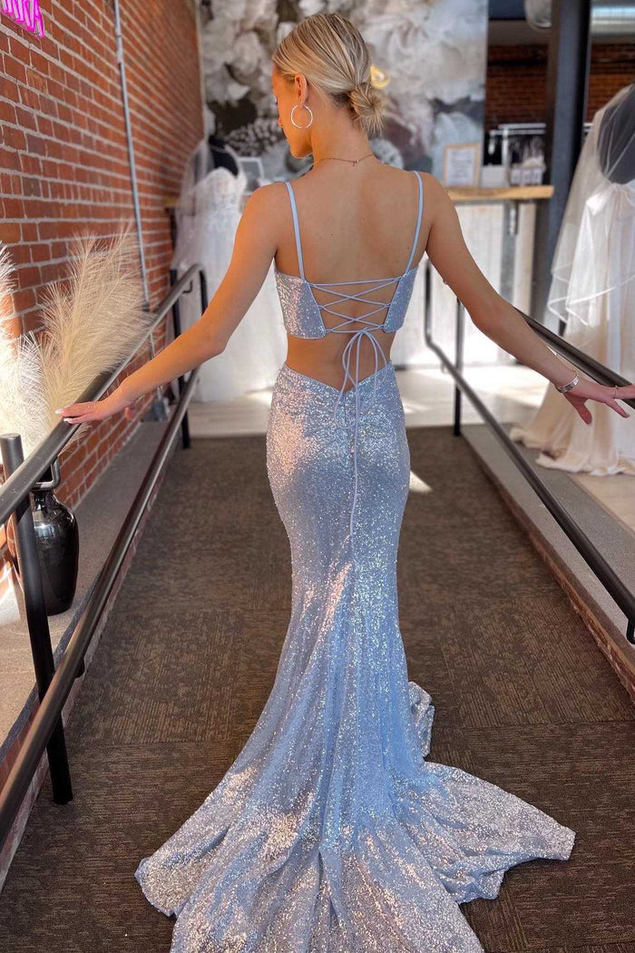 Light Blue Sequin Twist-Front Lace-Up Mermaid Long Prom Gown