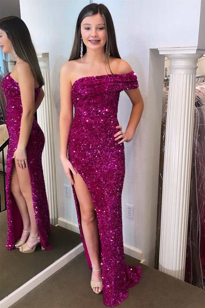 Fuchsia Sequin One-Shoulder Long Prom Dress with Slit