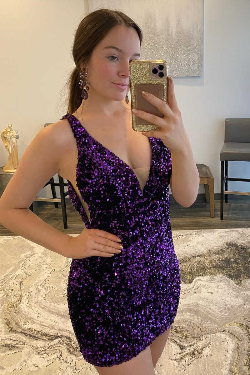 Purple Sequins Plunge Mini Homecoming Dress