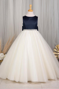 Navy and White Jewel Beaded Sleeveless Long Flower Girl Dress with Bow