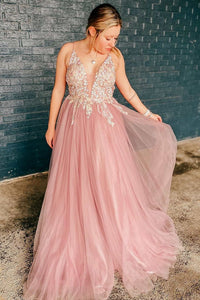 Pink Tulle Floral Appliques V-Neck A-Line Prom Dress