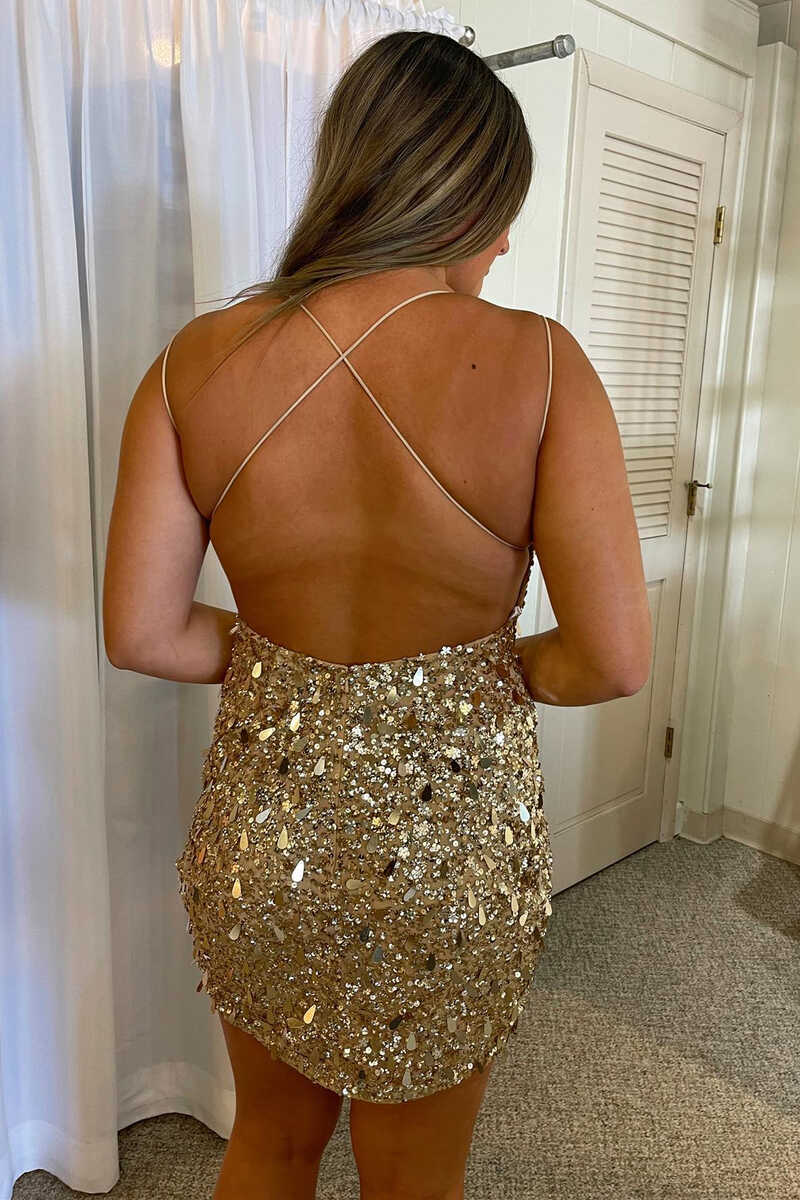 Gold Sequin V-Neck Lace-Up Mini Party Dress