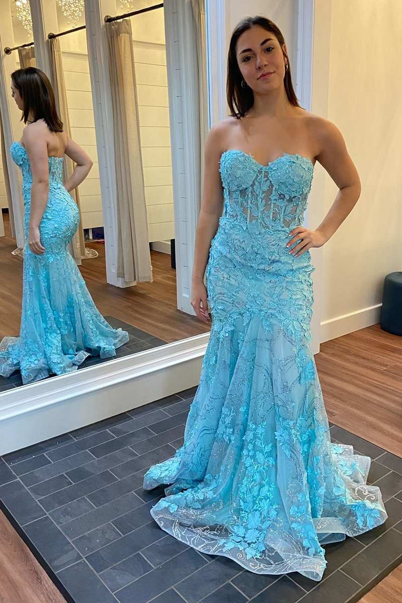 Blue Floral Appliques Strapless Mermaid Long Prom Dress