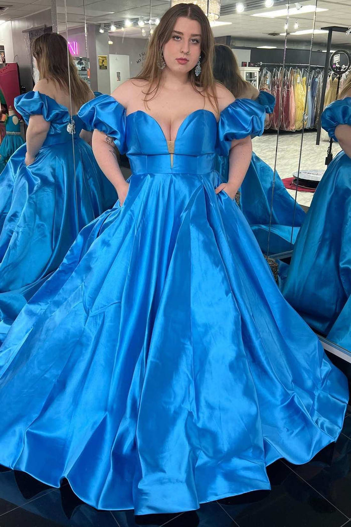 Blue Satin Strapless A-Line Long Prom Dress with Puff Sleeves
