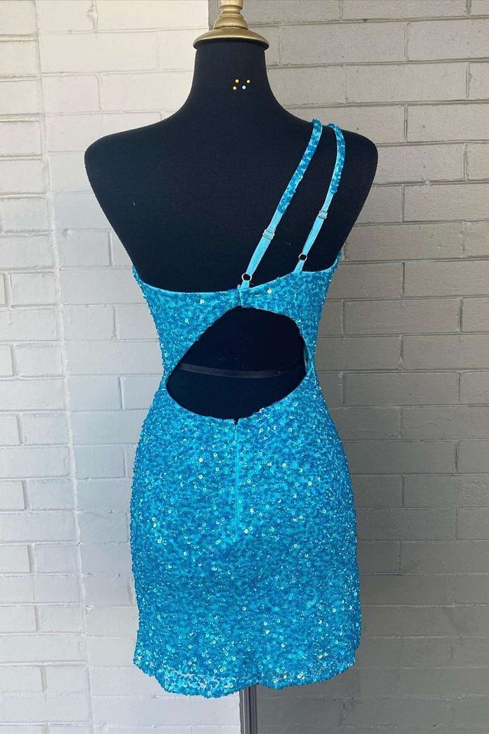 Blue Sequin One-Shoulder Cutout Bodycon Homecoming Dress