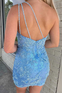 Blue Appliques One-Shoulder Backless Short Party Dress