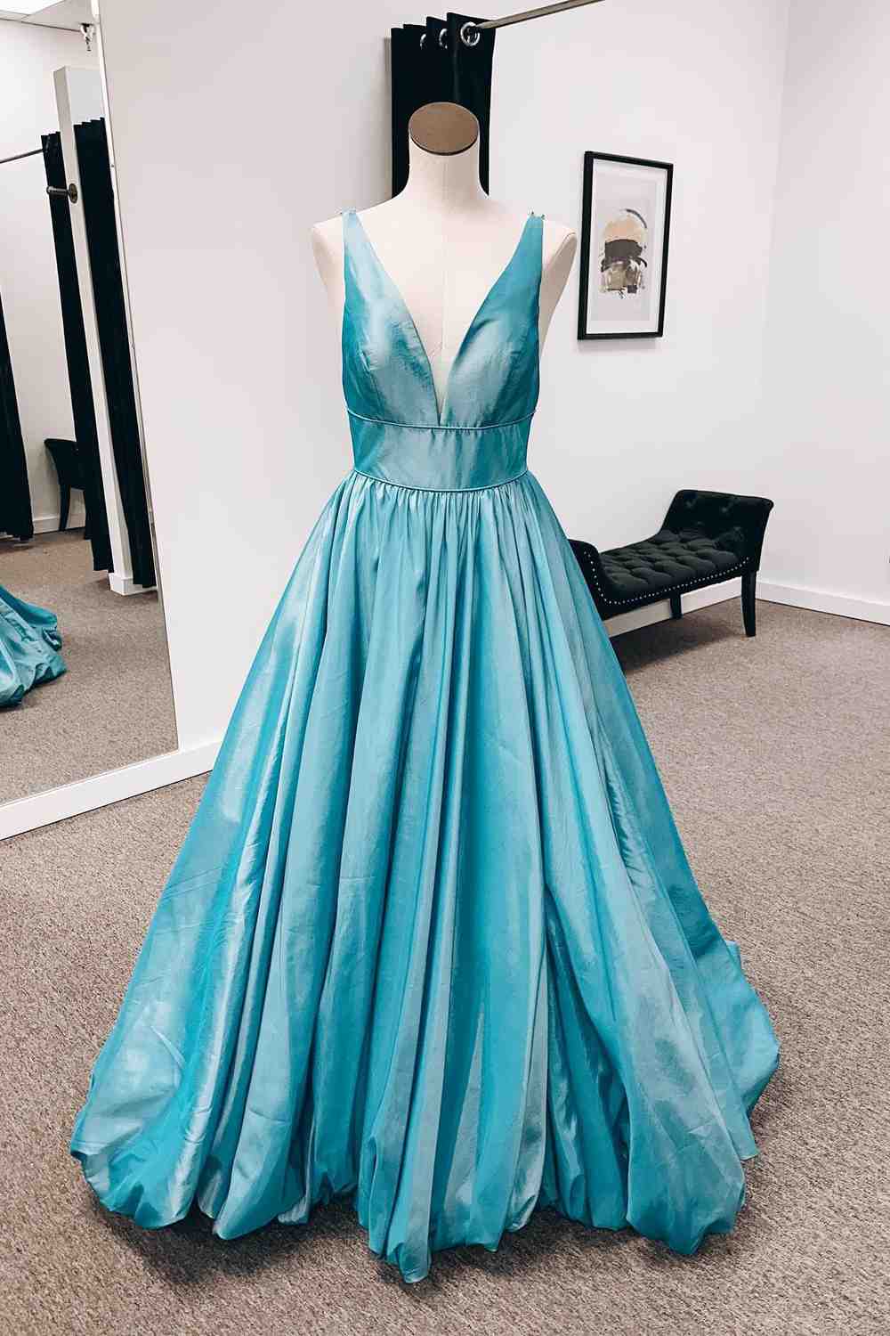 V-neck Light Blue A-line Satin Prom Dresses With Pockets, Cheap Prom Dresses V-neck Light Blue A-line Satin Prom Dresses With Pockets, Cheap Prom Dresses