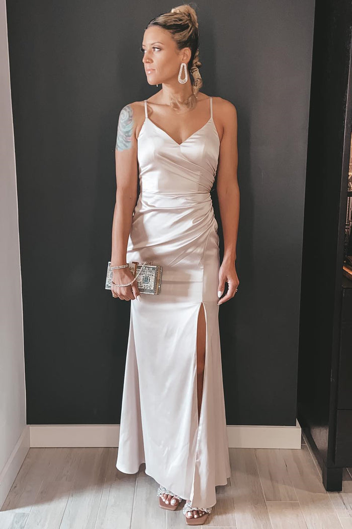 Beige V-Neck Ruched Long Bridesmaid Dress with Slit