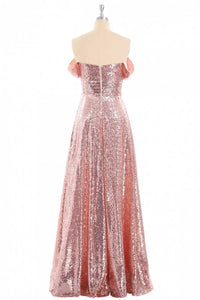Rose Gold Sequin Off-the-Shoulder A-Line Long Bridesmaid Dress