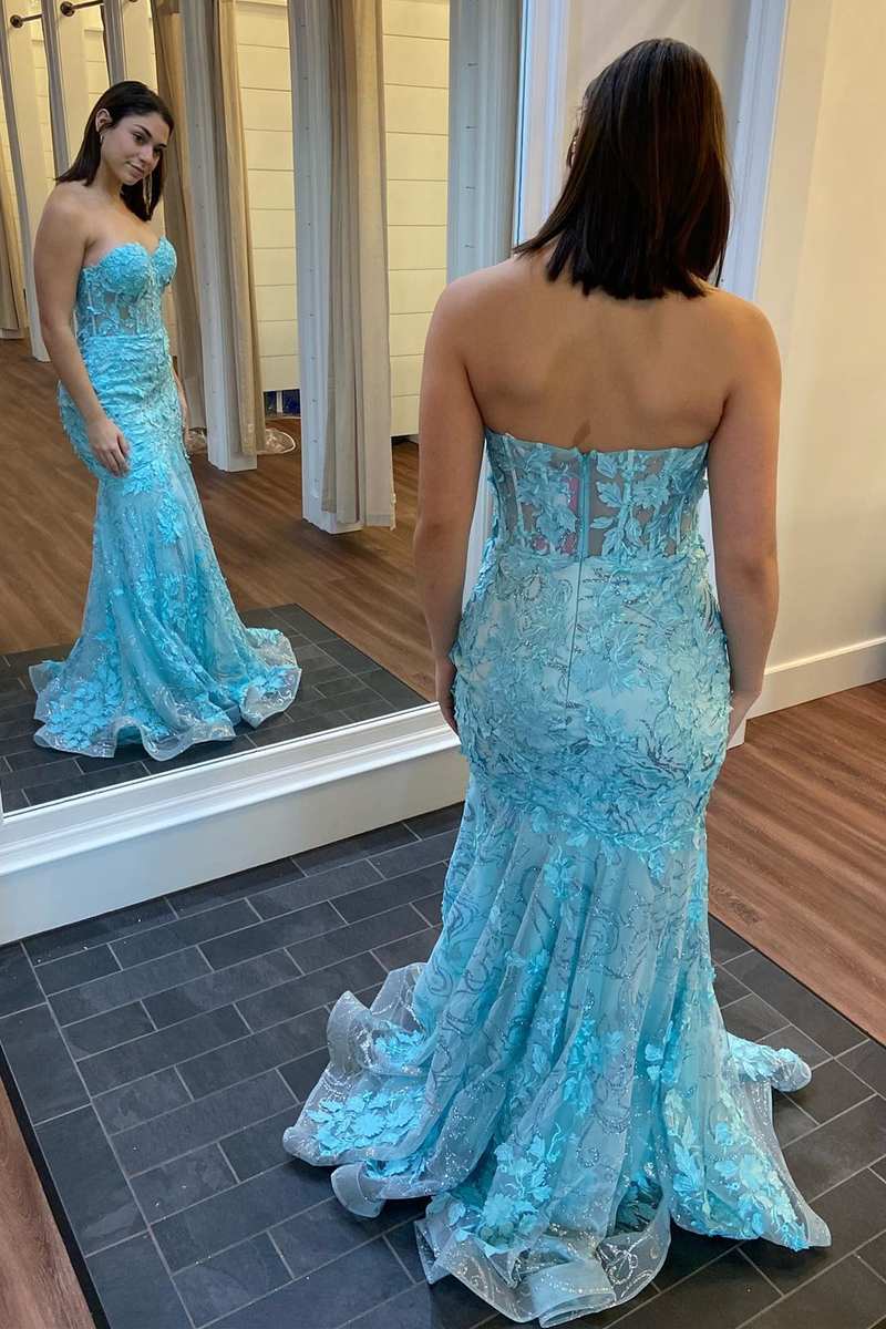 Blue Floral Appliques Strapless Mermaid Long Prom Dress