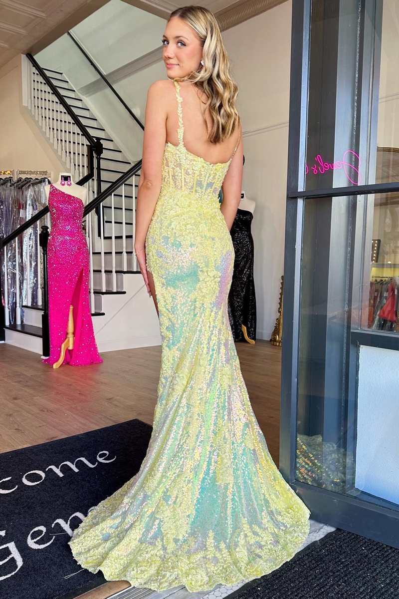 Yellow Sequin Appliques Scoop Neck Mermaid Long Prom Dress with Slit