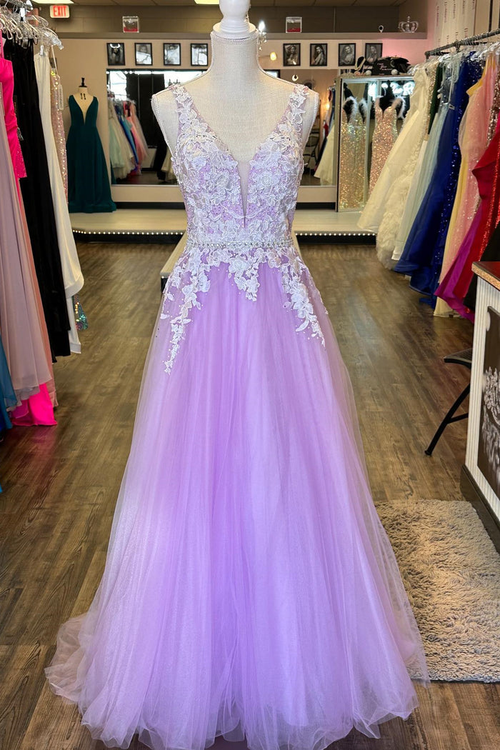 Lilac A-line Beaded Appliques Sleeveless Plunging V Neck Tulle Long Prom Dress