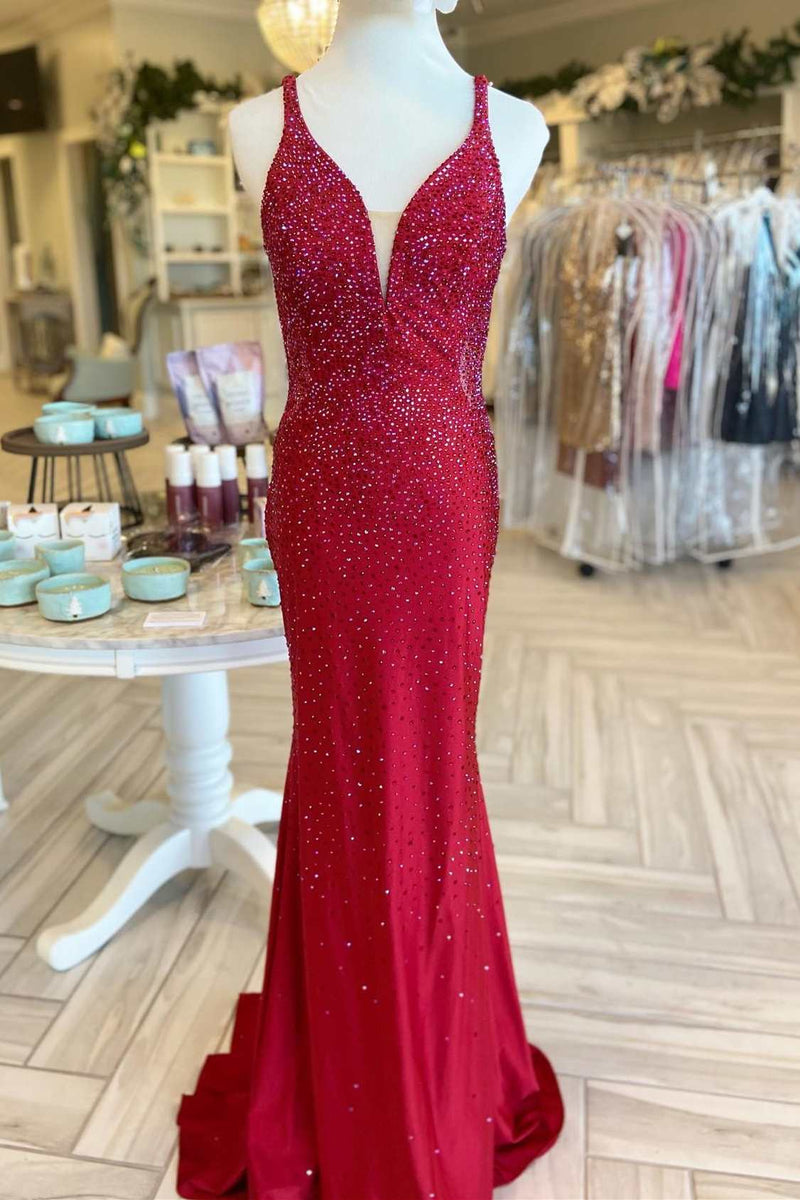 Red Beaded Plunge V Mermaid Long Formal Dress