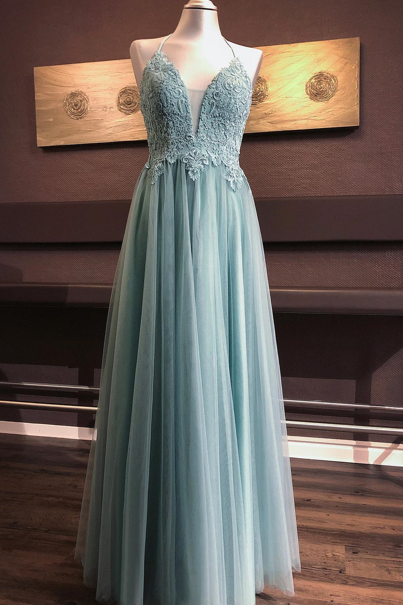 Dusty Green A-line V Neck Cross Back Appliques Tulle Long Prom Dress