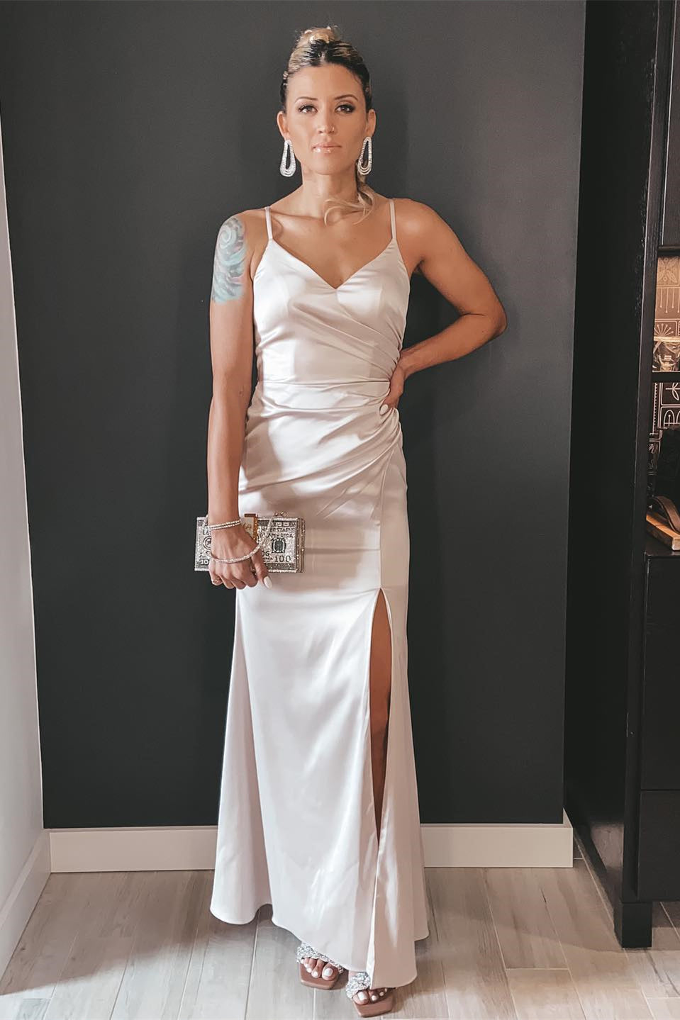 Beige V-Neck Ruched Long Bridesmaid Dress with Slit