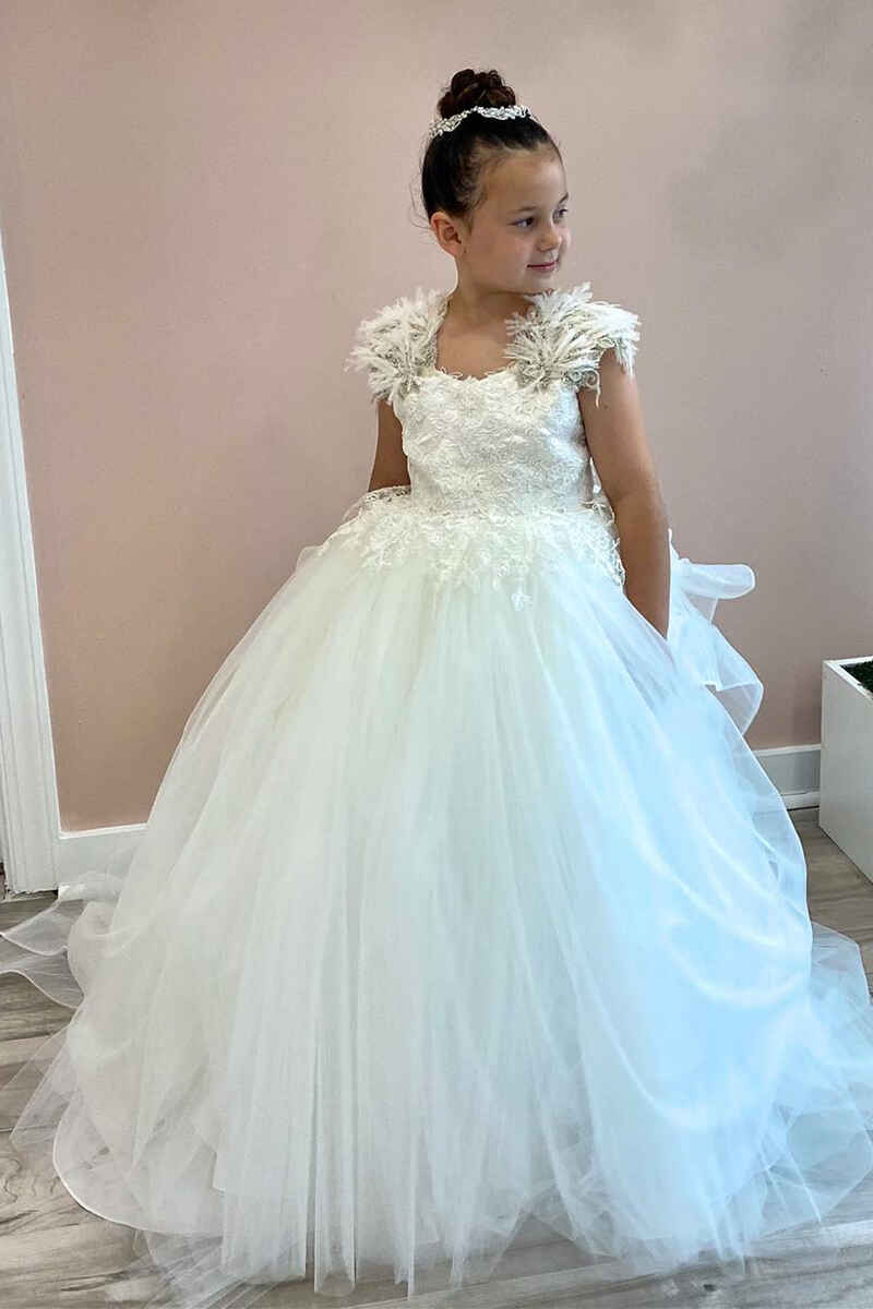 Glamorous White Tulle Backless Long Flower Girl Dress with Feathered Straps
