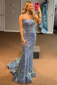 Periwinkle Sequin Lace-Up Back Mermaid Long Prom Dress