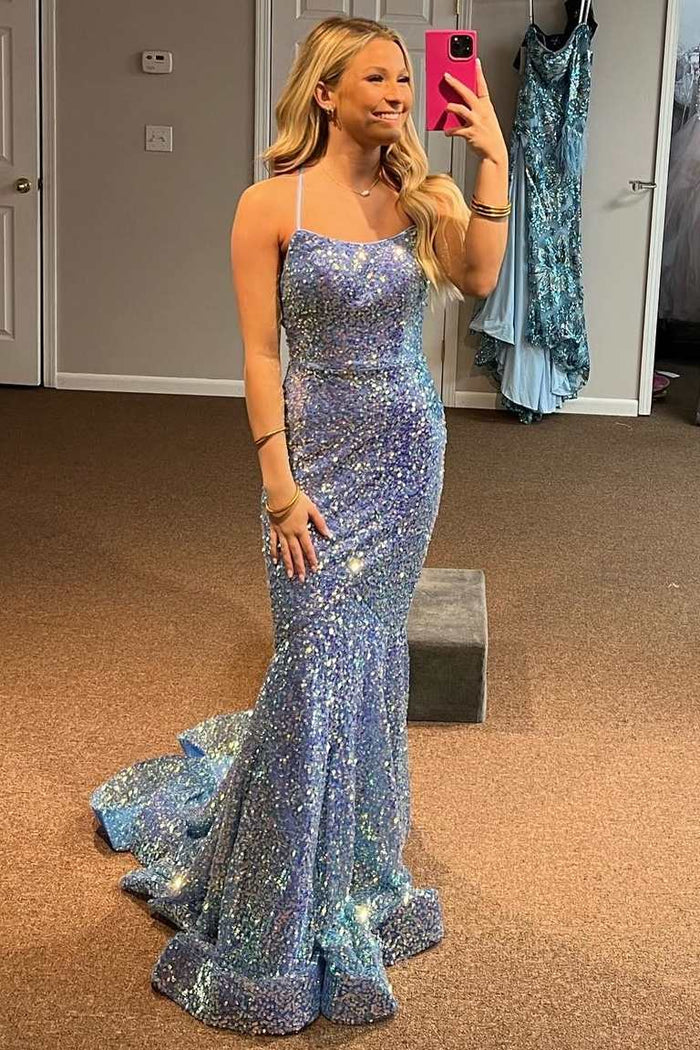 Periwinkle Sequin Lace-Up Back Mermaid Long Prom Dress